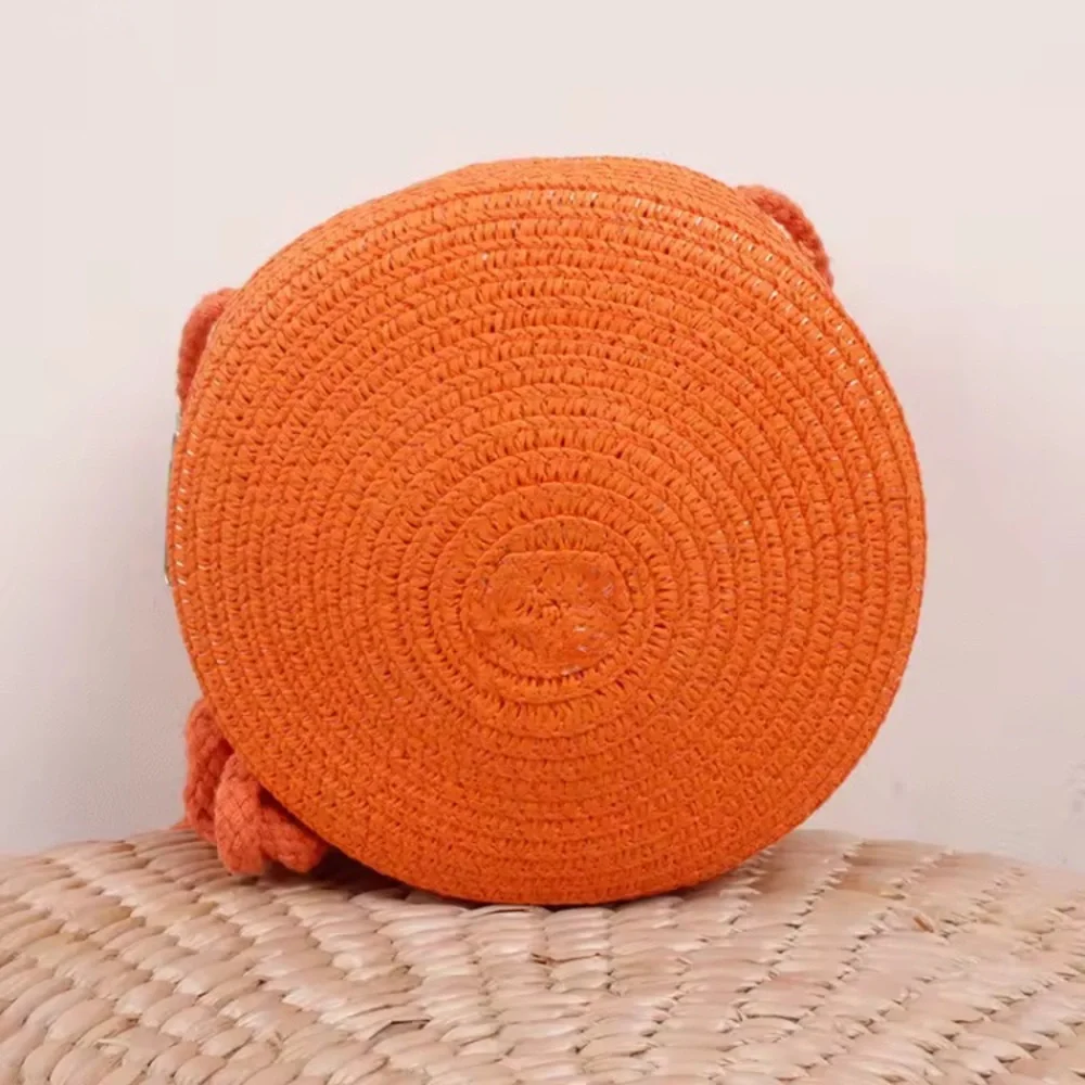 Round Orange Straw Raffia Woven Circle Bag Purse Handbag Summer Crossbody Bright - Picture 7 of 8